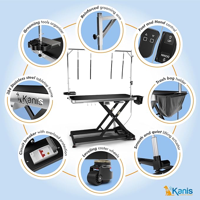 KANIS Professional Electric Dog Grooming Table - Heavy Duty, Height Adjustable Pet Grooming Table w/Leveling Wheels, Grooming Arm, Anti Slip Tabletop & Tool Organizer/Dog Grooming Station (60", BLACK)