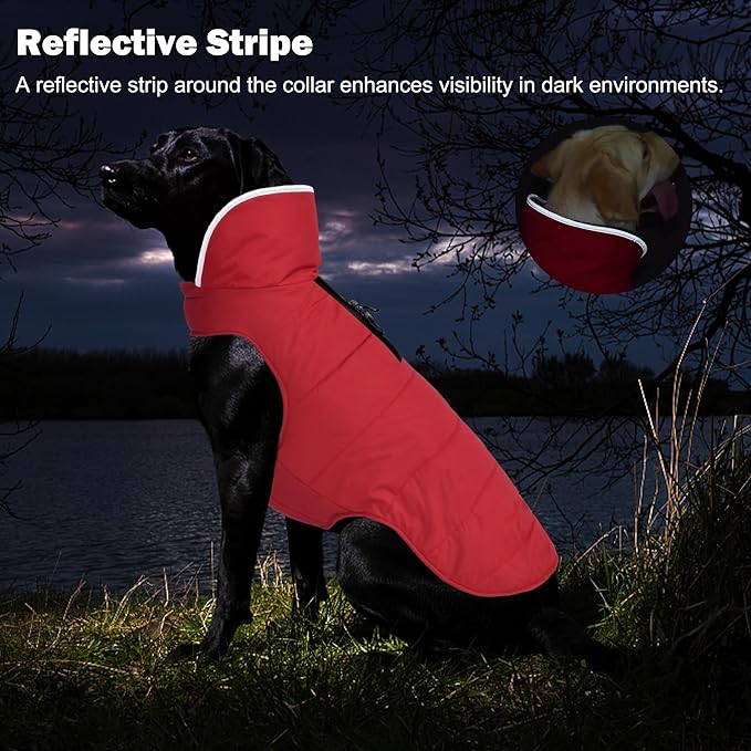 Dog Winter Coat, Waterproof Dog Jacket with Leash Hole, Reflective Adjustable Pet Snow Vest, Warm Fleece Sweater for Small Medium Large Dogs - Red, L