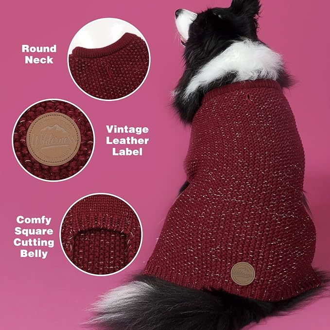 KYEESE Dog Sweater for Large Dogs with Leash Hole Warm Pullover with Reflective Yarn Male Thick Stretchy Knitwear Winter Soft Pet Coat boy for Cold Weather Comfy Dog Sweaters, Dark Red, XX-Large