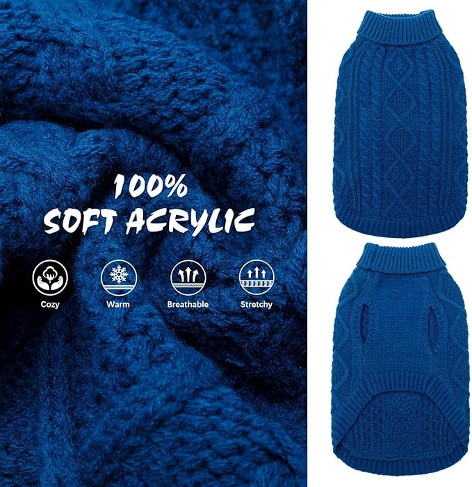 BINGPET Thermal Knitted Dog Sweater for Small Medium Large Dogs,Winter Dog Cat Coat Warm Sweartershirts Outfits,Classic Cable Knit Turtleneck Pullover Dog Jumper Coat Warm Sweartershirts(Blue,L)