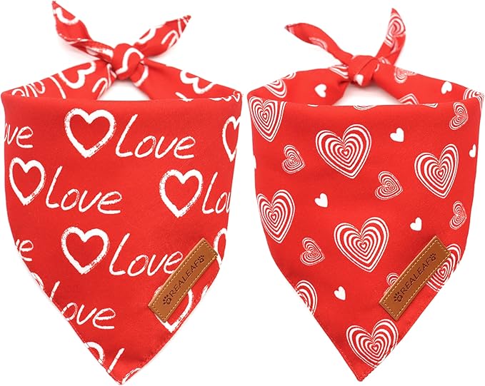 Realeaf Valentines Day Dog Bandanas 2 Pack, Reversible Love Pet Scarf for Boy and Girl, Premium Durable Fabric, Heart Bandana for Large and Extra Large Dogs (X-Large)
