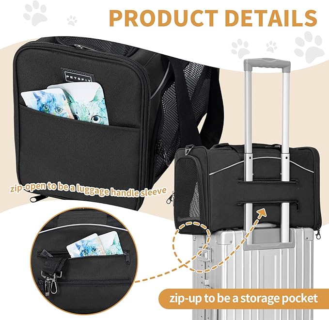 ‌Petsfit Airline Approved Pet Carrier for Small Dogs & Cats, 18x8x11 TSA Approved Carrier, with Removable Dual-Sided Padding (2-Way Placement) - Fits Under Most Airplane Seats, Escape Proof (Black)