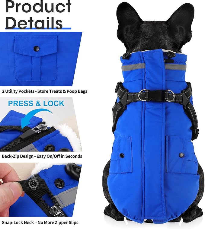 Dogcheer Dog Coat with Harness, Waterproof Warm Dog Winter Jacket with Pockets, Reflective Pet Fleece Jacket Turtleneck Snowsuit for Small Medium Large Dogs - Blue, 3XL