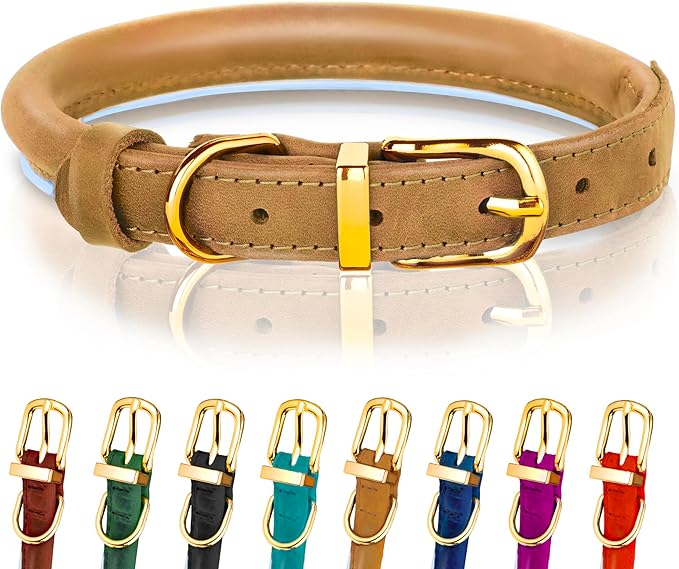 OOPSDOGGY Reflective Rolled Leather Dog Collar Adjustable Soft Padded Pet Collar for Small Medium Large Breed Dogs (Camel, XXL, 20"-24")