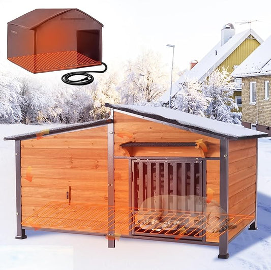GUTINNEEN Extra Large Heated Dog House Outdoor with Chew-Proof Iron Frame, Waterproof Dog Kennel with Smart Heating Pad, 360° Rotating Feeding Bowl, for Large Dog Breeds