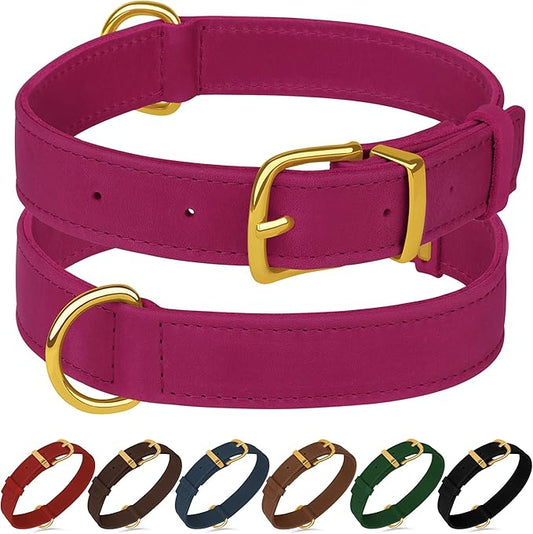 Leather Dog Collar - Heavy Duty Adjustable Soft Padded Pet Collars for Small Medium Large Dogs Breed - Black Green Brown Pink Red Blue (Pink, XL, 19"-24" Neck Fit)
