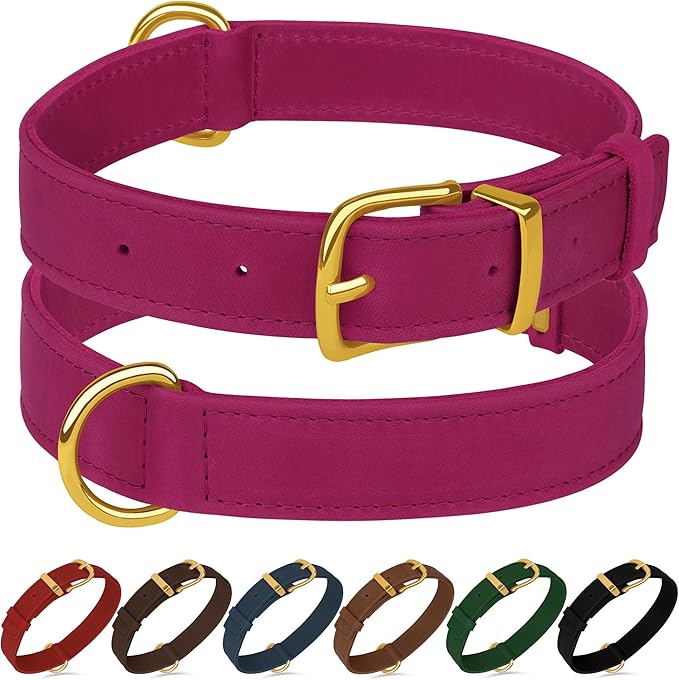 Leather Dog Collar - Heavy Duty Adjustable Soft Padded Pet Collars for Small Medium Large Dogs Breed - Black Green Brown Pink Red Blue (Pink, M, 12"-15" Neck Fit)