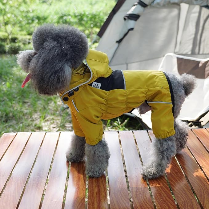 LOVELONGLONG Waterproof Dog Raincoat with Removable Hood – Outdoor Full Body Dog Jacket, Windproof Snowproof Shell Suit – All Season Pet Rain Gear Mustard Yellow M