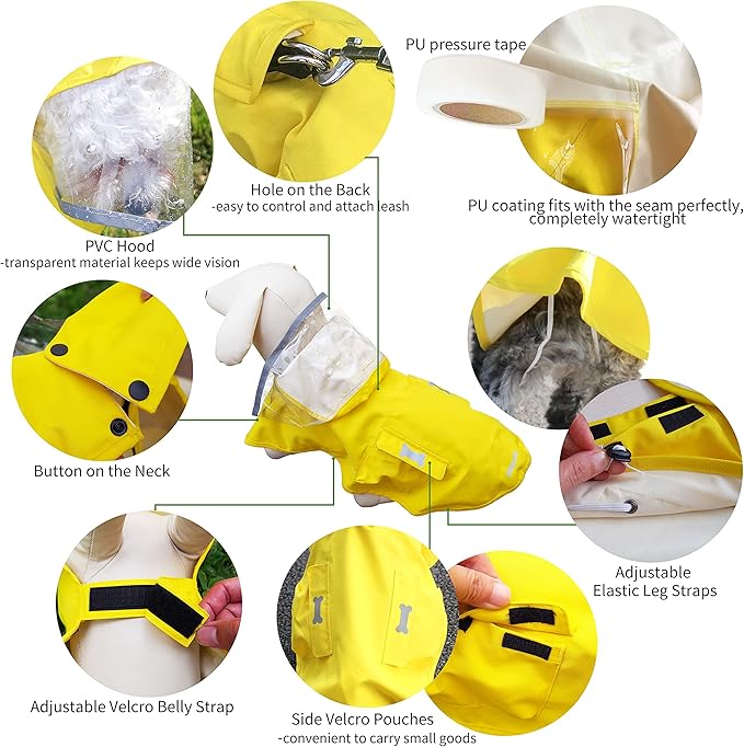 Waterproof Dog Raincoat, Adjustable Reflective Lightweight Pet Rain Clothes with Poncho Hood (Small, Yellow)