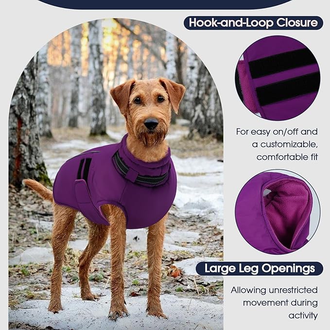 IECOii Big Dog Winter Coat for Giant Breed Dogs Waterproof Dog Jacket with Built in Collar, Reflective Dogs Coat Pet Snow Jacket for Great Dane Saint Bernard, Easy Outdoor Walking, Purple - 5XL