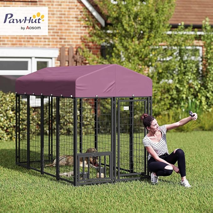 PawHut 8' x 4' x 6' Outdoor Dog Kennel, Welded Wire Dog Kennel Outside Run with 360° Rotating & 4 Level Adjustable Bowls, Waterproof & UV Resistant Cover, for S&M&L Breeds, Chickens, Ducks, Red