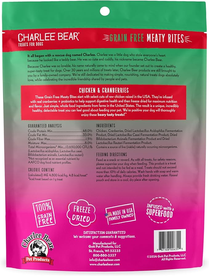 Charlee Bear Grain Free Meaty Bites Freeze Dried Dog Treats with Probiotics, Puppy Training Snacks, Soft Dog Bites Chicken with Cranberries, 2.25 oz Bags (2), Made USA