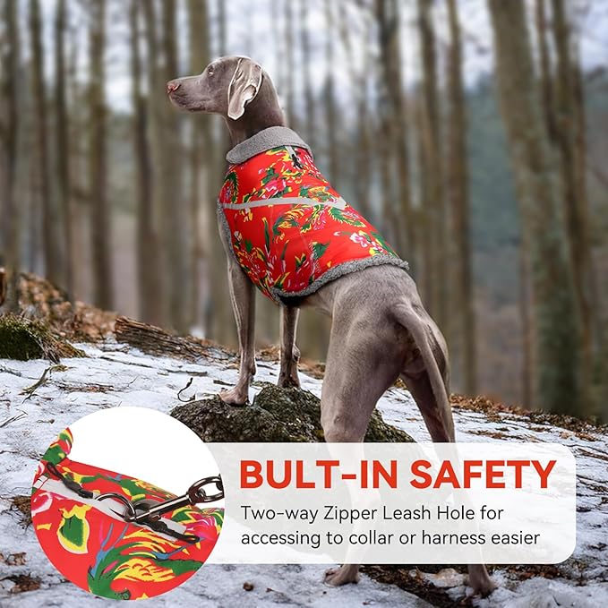 VIVAGLORY Snowrap Dog Coat, Jacket with Harness Hole & Velcro Closure, Dog Coat for Winter & Cold Weather, Fluffy Warm Fleece Lined Reflective Water Resistant for Puppy, XXS, Northeast Florals-Red