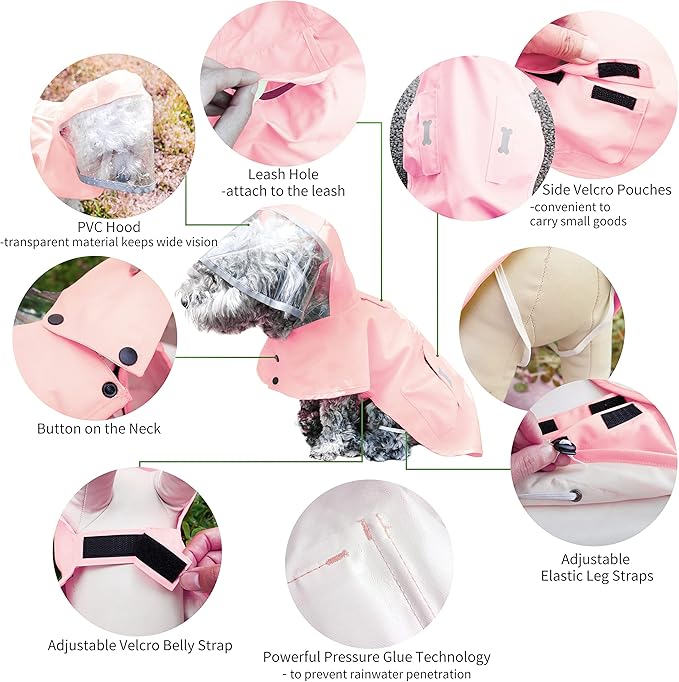 Dog Raincoat,Waterproof Rain Poncho with Hoodie, High Reflective Adjustable Pet Rain Jacket with Leash Hole for Small Medium and Large Dogs (Pink, Medium)