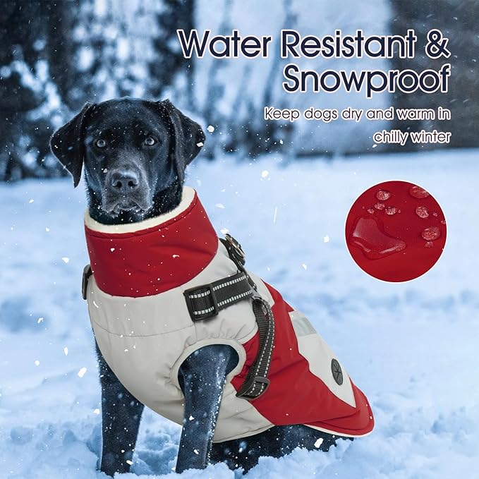 IECOii Dog Jacket Winter Harness Built in -Red,XXXLarge- Zip Up Dog Coat Winter Clothes for Large Dogs Waterproof, Dogs Snowsuit Snow Jacket D-Rring Labrador German Shepherd Doberman Rottweiler