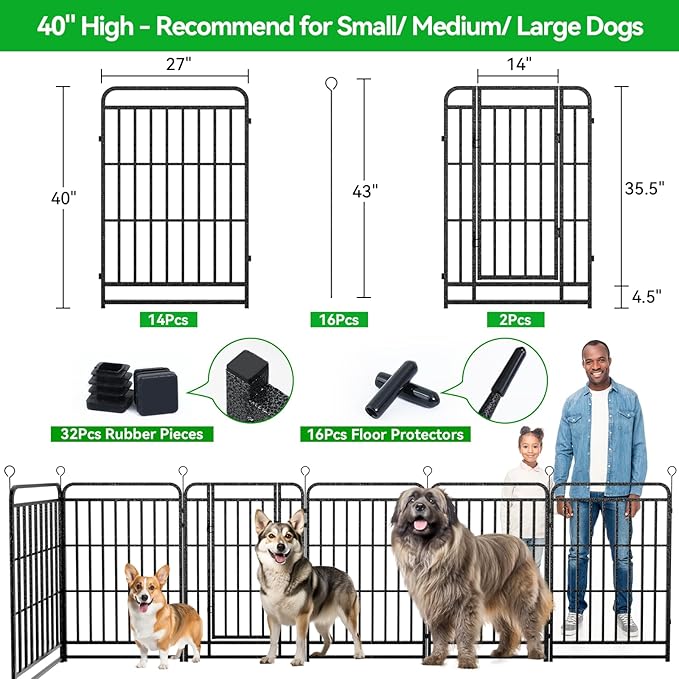Square Steel Pipe Dog Fence Outdoor 16 Piece Panels 40" Height Anti-Rust Heavy Duty Dog Playpen with Doors Portable for Yard RV Camping, Total 36FT, 103 Sq.ft, Snowy Black