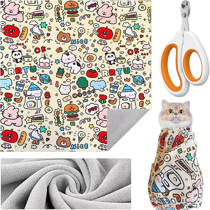 35.5'' Cat Grooming Wrap Cat Wrap for Cutting Nails, Anti-Escape Cat Restraint Wraps for Medicine Nail Clipping Ear Cleaning, Self-Adherent Cat Swaddle Wrap with Nail Clipper - Within 22lbs