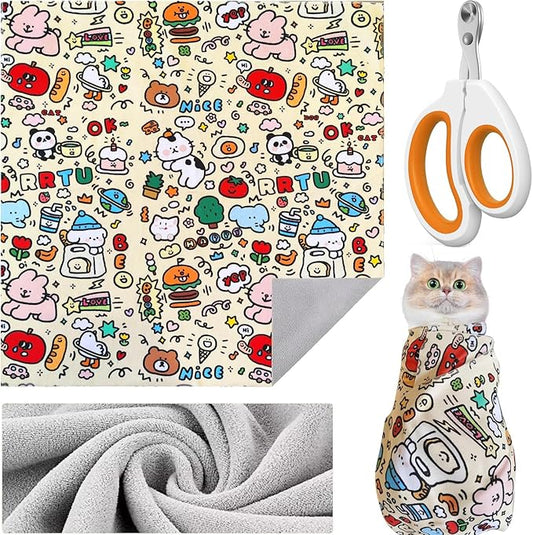 35.5'' Cat Grooming Wrap Cat Wrap for Cutting Nails, Anti-Escape Cat Restraint Wraps for Medicine Nail Clipping Ear Cleaning, Self-Adherent Cat Swaddle Wrap with Nail Clipper - Within 22lbs