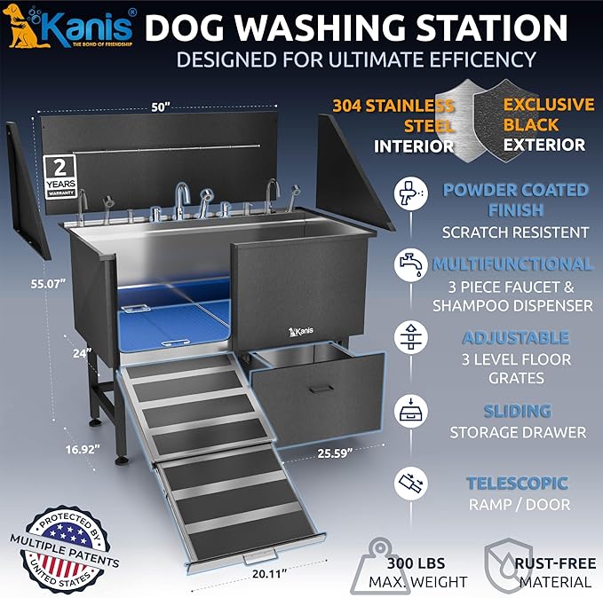 KANIS Black Line Professional Dog Washing Station - 304 Stainless Steel Pet Wash Sink & Grooming Bathtub w/Shower, Floor Grates and Storage for Large, Medium & Small Pets (50", 1 Drawer - Left Ramp)