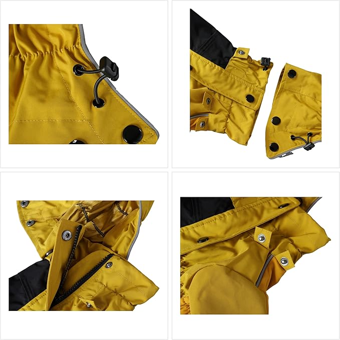 LOVELONGLONG Waterproof Dog Raincoat with Removable Hood – Outdoor Full Body Dog Jacket, Windproof Snowproof Shell Suit – All Season Pet Rain Gear Mustard Yellow S+