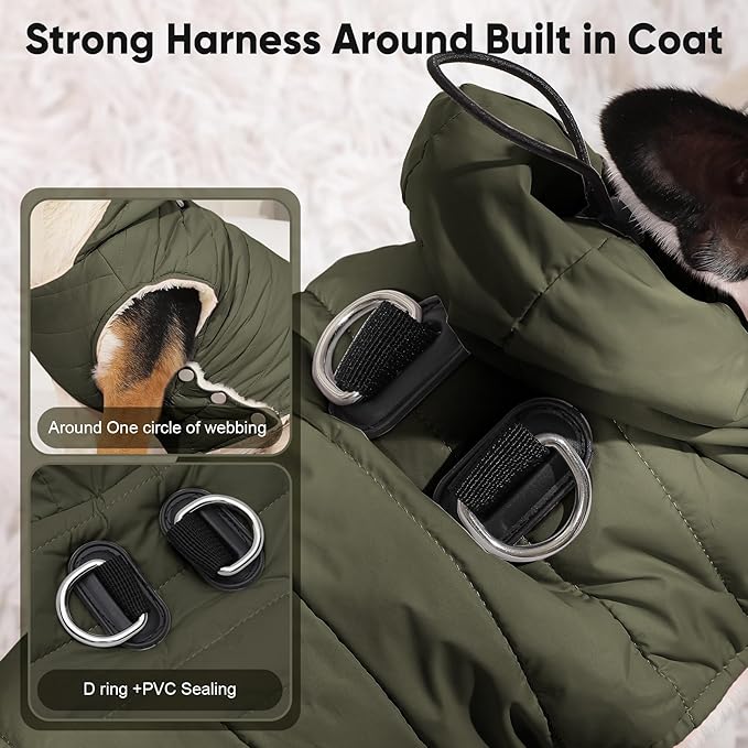 Fleece Lining Dog Hoodie with Harness Built in,Extra Warm Medium Dog Jacket in Winter Doggie Coats with Drawstring Hooded,Green L