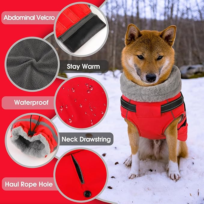 PETDSH Dog Coat Large, Built-in Harness Dog Jacket with Warm Fleece Lining, Waterproof Reflective Dogs Winter Coat, Pet Coats with Pocket and Trash Bags (Red, XX-Large)