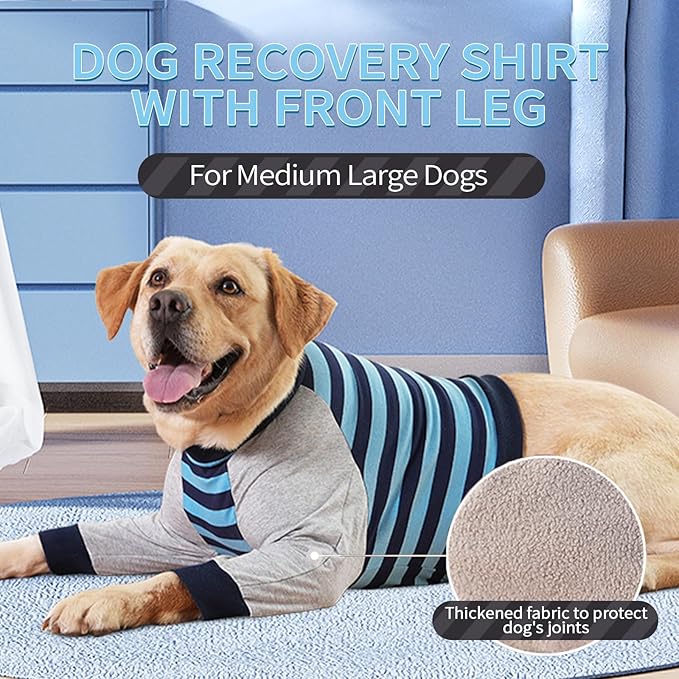 FUAMEY Dog Recovery Sleeve with Elbow Protector,Dogs Shirt Stop Licking Joints,Pet Long Sleeve Suit Protecting Dog's Front Leg Arm Wounds Cover Skin Conditions Blue Stripe 2XL