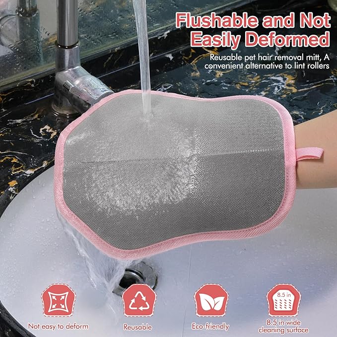 Pet Hair Removal Glove for Cats & Dogs, 2 Pcs With Hanging Hooks, Reusable Electrostatic Pet Hair Gloves, size 9.8 x 7.87 x 0.5 in, Pet Hair Glove for Clothes, Sofas, Carpets, Car Seats（Pink and gray）