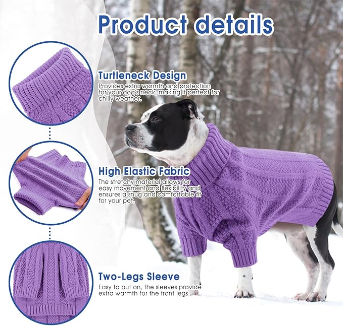 Queenmore XL Dog Sweater,Christmas Dog Sweaters for Extra Large Dogs Girl Boy,Warm Soft Fall Doggy Pullover Clothes,Turtleneck Knitted Pet Winter Apparel for Golden Retriever,Labrador(Purple,XL)