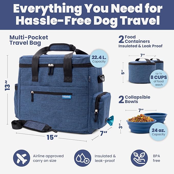 The Original Doggy Bag™ - Complete Dog Travel Bag for Supplies with 2 BPA-Free Travel Dog Bowls & 2 Pet Food Containers - Traveling Kit for Road Trips, Camping, Weekend Away or Doggy Gift - Navy