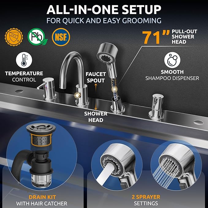 KANIS Black Line Professional Dog Washing Station - 304 Stainless Steel Pet Wash Sink & Grooming Bathtub w/Shower, Floor Grates and Storage for Large, Medium & Small Pets (61", 2 Drawers - Left Ramp)