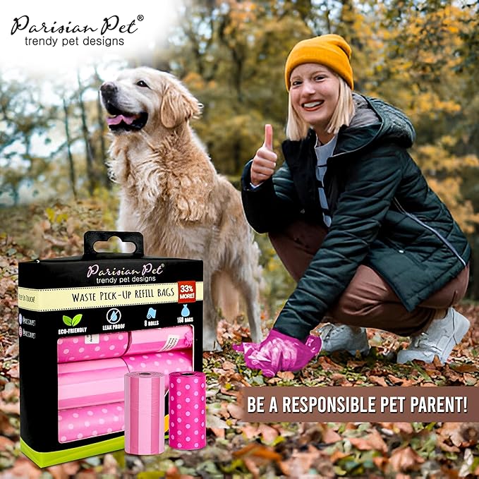 Parisian Pet Ecofriendly Dog Poop Bags Rolls - 160 Count Unscented Poop Bags For Dogs - Leakproof, Extra Thick, 8 Dog Waste Bags Refill Rolls - Stripes Dots Pink Doggie Poop Bags
