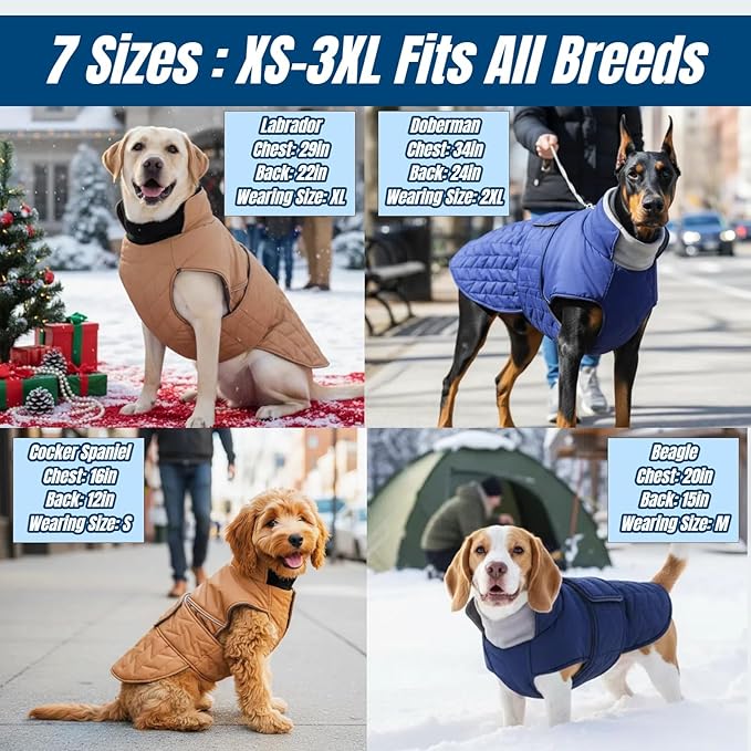 Outdoor Classic Quilted Upgraded Dog Winter Coat, Waterproof & Lightweight Coats for Large Dogs, 2-Layer Warmth Jacket with Reflective Strip Leash hole, Active Fit Pet Clothes for Girls Boys(Blue, XL)