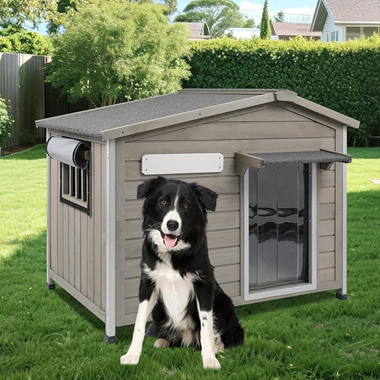 40'' L Large Dog House Outdoor Indoor, Wooden Dog Houses with Waterproof Roof, Door Curtain, Anti-Chewing Frame, Elevated Doghouse Shelter Bed Kennel with Window, Openable Roof