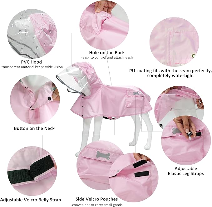 Waterproof Dog Raincoat, Adjustable Reflective Lightweight Pet Rain Clothes with Poncho Hood (Light Pink, Large)