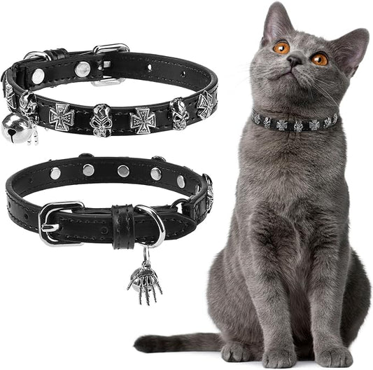 EXPAWLORER Halloween Cat Collar for Girl Boy- Adjustable Leather Pet Collar with Safety Elastic Belt,Personalized Punk Accessories Buckle Collars with Bell & Durable D-Ring, Skull(Black)