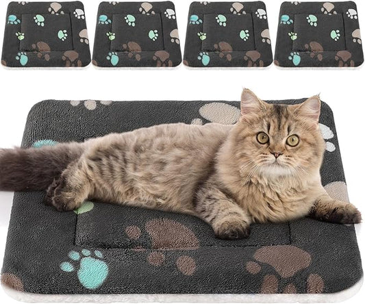 4 Pack Ultra Soft Dog Cat Bed Mat with Cute Prints Reversible Fleece Dog Crate Kennel Pad Cozy Washable Thickened Hamster Guinea Pig Pet Bed Mat for Small Animals(21 x 14 Inches,Black)