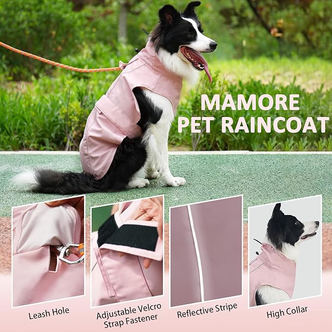 Waterproof Dog Raincoat, Adjustable Lightweight Dog Rain Jacket with Reflective Strip Leash Hole for Small Medium Large Dogs (Pink, XX-Large(55-77lb))