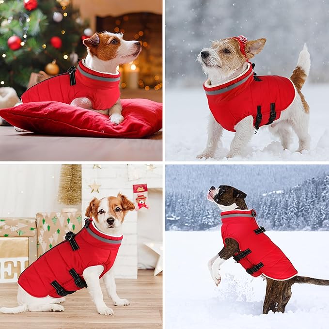 Dogcheer Dog Coat with Harness, Waterproof Dog Jacket Adjustable Pet Winter Coat with Zipper, Christmas Puppy Snow Jacket Fleece Sweater for Small Medium Large Dogs - Red 3XL