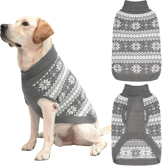 KOOLTAIL Cable Knit Dog Sweater Turtleneck, Cold Weather Pullover Classic Knitwear, Snowflake Pattern Thick Warm Winter Pet Clothes, Dog Christmas Sweater for Small Medium Large Dogs Cats, Grey L