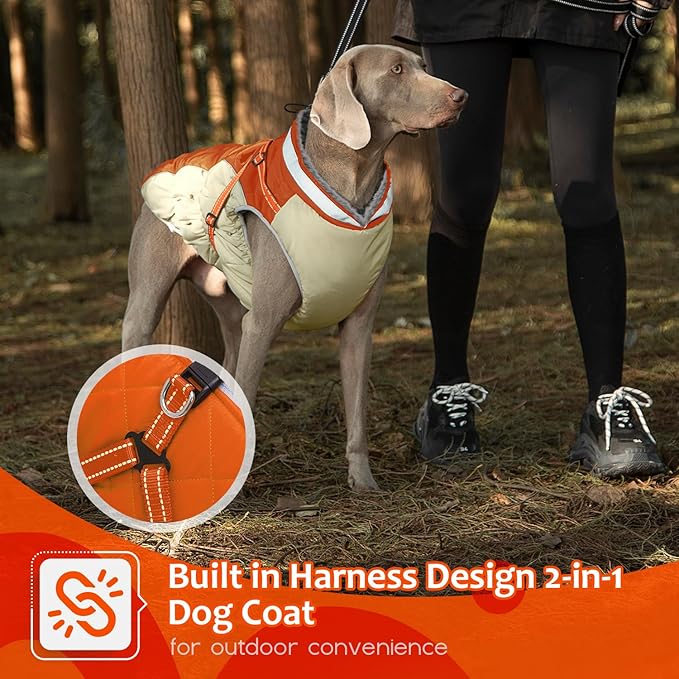 Dog Winter Coat with Harness, Dog Jacket, Pet Clothes with Zipper on Back, Waterproof Windproof Warm Vest, Reflective Cold Weather Coats, for Small Medium Large Dogs, Thick, Orange, L