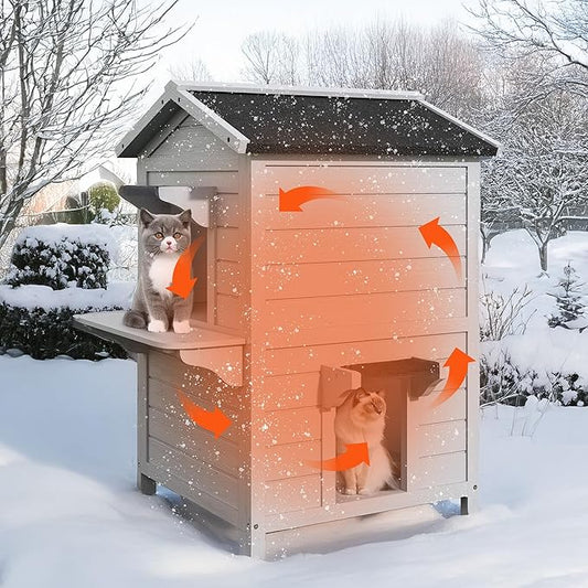 Outdoor Cat House, 2-Story Feral Cat Shelter with Weatherproof Roof for Winter, Weatherproof Wooden Cats House with Escape Doors