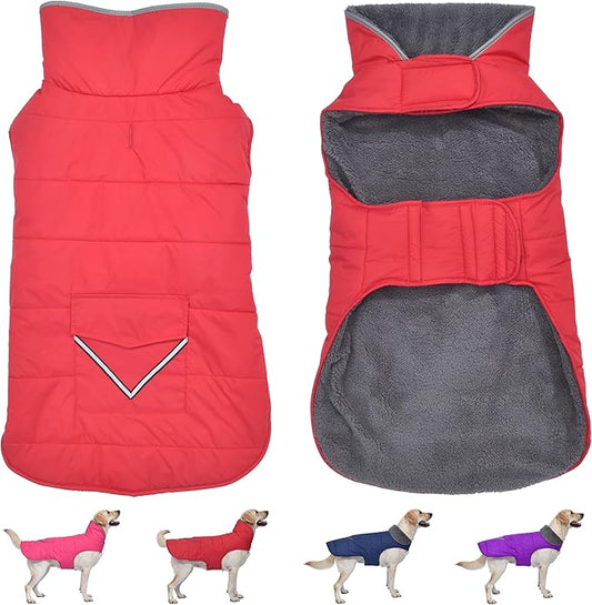 Dog Coat, Waterproof Dog Winter Jacket with Pocket, Reflective Adjustable Pet Snow Vest, Warm Cozy Fleece Sweater for Small Medium Extra Large Dogs - Red, 3XL