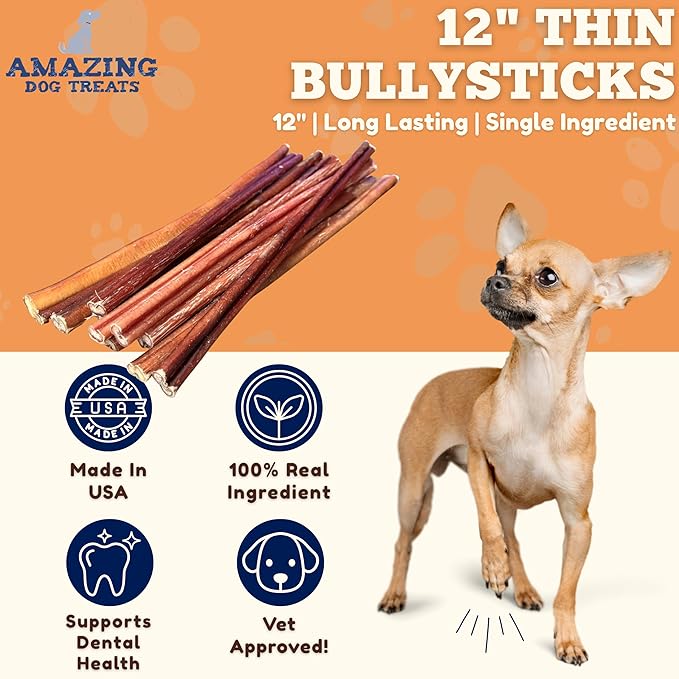 Amazing Dog Treats - Bully Sticks for Small Dogs (12 Inch Small- 30 Count) - Premium Thin Junior Bully Sticks for Dogs