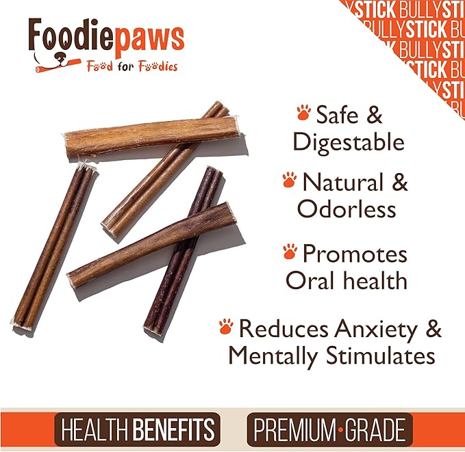 FOODIEPAWS 6 Inch Jumbo Bully Sticks for Dogs, 15 Pack | High Protein, All Natural Grass-Fed Beef Chews | Rawhide-Free, Fully Digestible & Long Lasting Treats | Perfect for Large Dogs