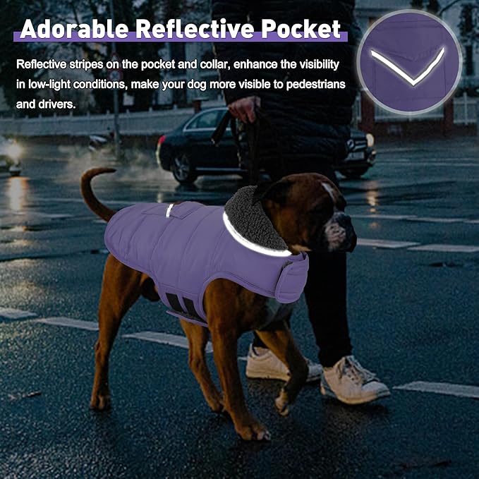 Dog Coat, Waterproof Dog Winter Jacket with Pocket, Reflective Adjustable Pet Snow Vest, Warm Cozy Fleece Sweater for Small Medium Extra Large Dogs - Light Purple, XL