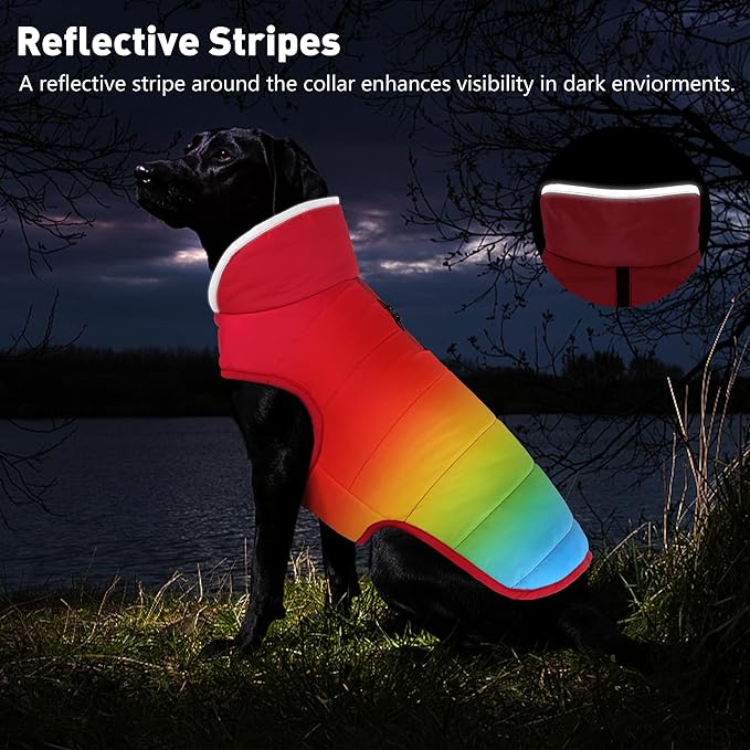 Dog Winter Coat, Waterproof Dog Jacket with Leash Hole, Reflective Adjustable Pet Snow Vest, Warm Fleece Sweater for Small Medium Large Dogs - Rainbow, 3XL