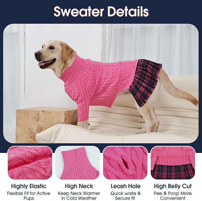 IECOii Girl Dog Sweater Dress, Great Dane Sweaters for Girl Dogs, Pink, 5XL, Extra Large Dog Sweater for Female Dogs Pet Winter Dress for Giant Breeds - Xmas Turtleneck Knitwear for Cold Weather