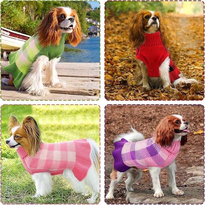 Dog Sweater Dress Plaid Knitwear for Small Medium Dogs Warm Puppy Pet Turtleneck Stretch Pullover Cute Fall Winter Vest Clothes with Leash Hole for Christmas (Pink, L)