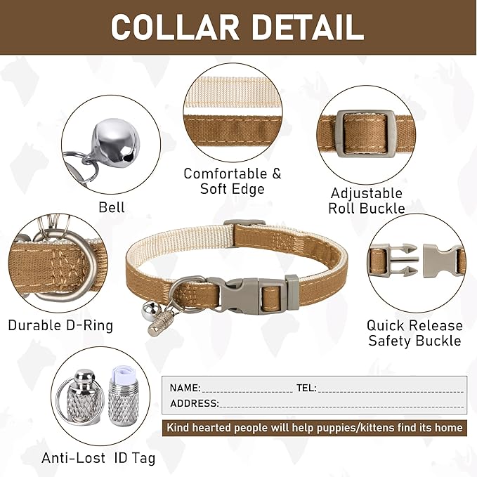 GAMUDA Small Pet Harness Collar and Leash Set, Step in No Chock No Pull Linen Fabric Soft Mesh Dog Vest Harnesses Reflective for Dogs Puppy Cats Kitten Rabbit (Brown, L)